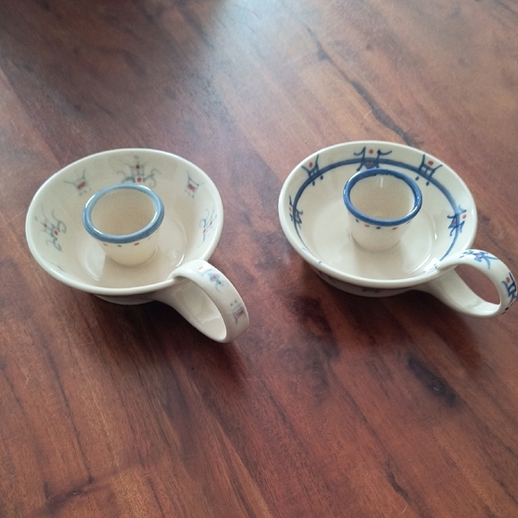 Japanese Ceramic Candle Holders with Blue and Red Accents - Picture 1 of 5